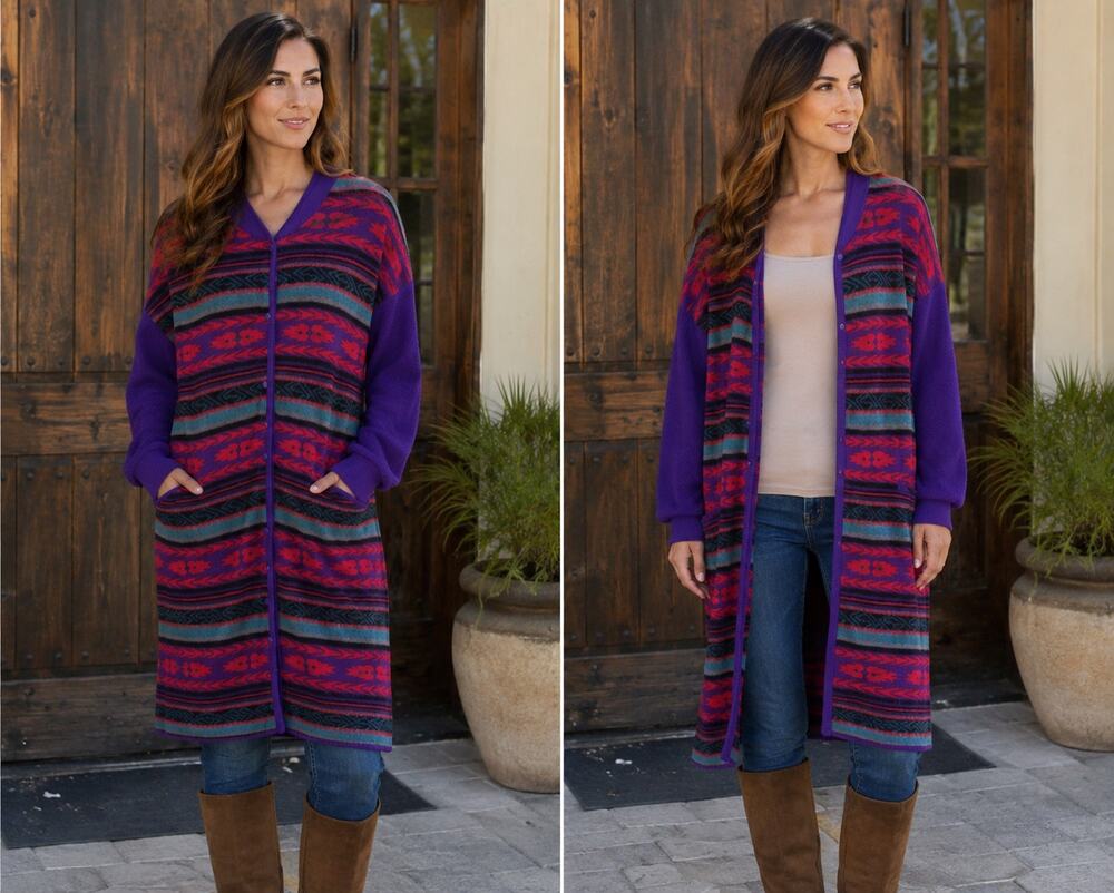 Vintage 90s Erika Taylor Southwest Duster Cardigan - Long Boho Sweater - Medium